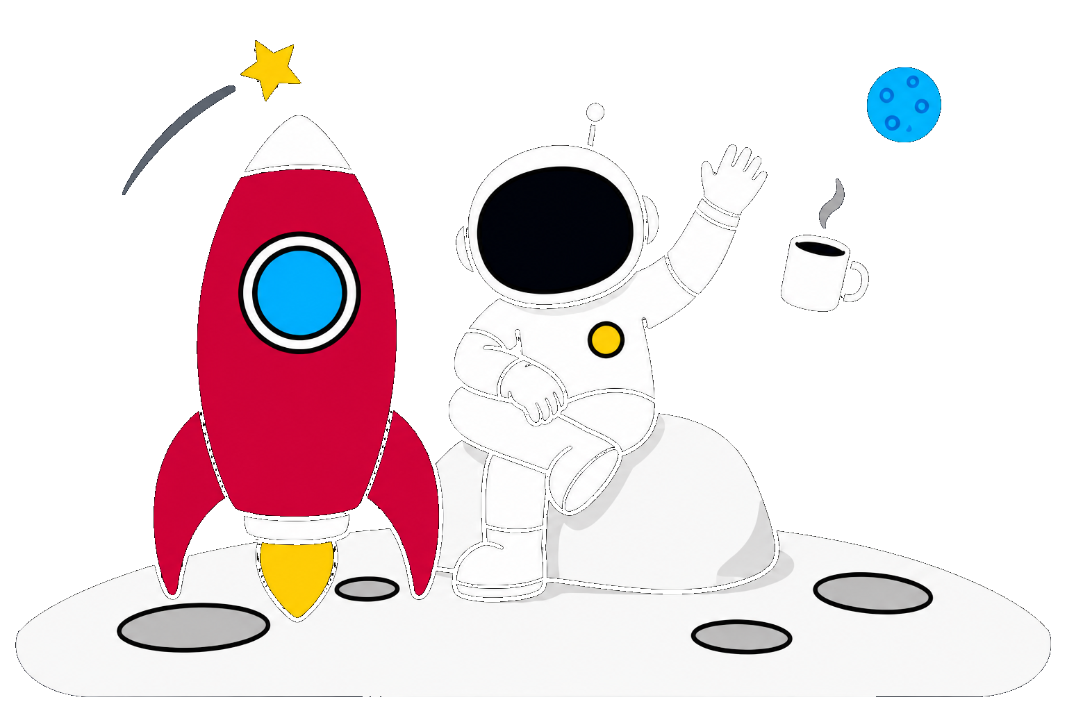 Astronauta da Next01 na lua, acenando ao lado do foguete